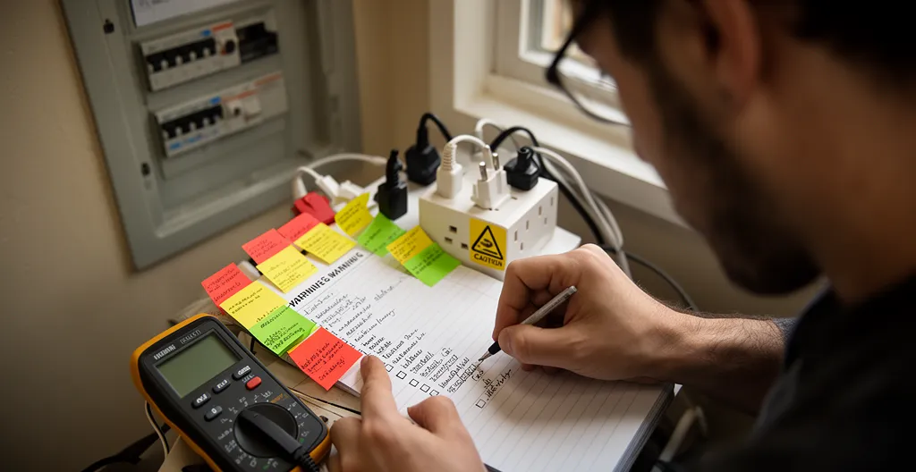 Main annotant une liste de signes d'alerte près d'une multiprise chargée avec tableau électrique en arrière-plan