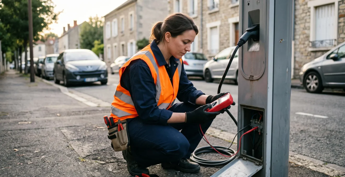 Un électricien teste une borne de recharge avec un multimètre dans une rue résidentielle