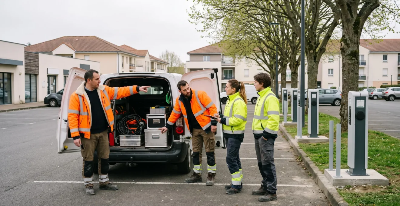Une équipe de techniciens planifie l'intervention près d'un camion utilitaire sur un parking
