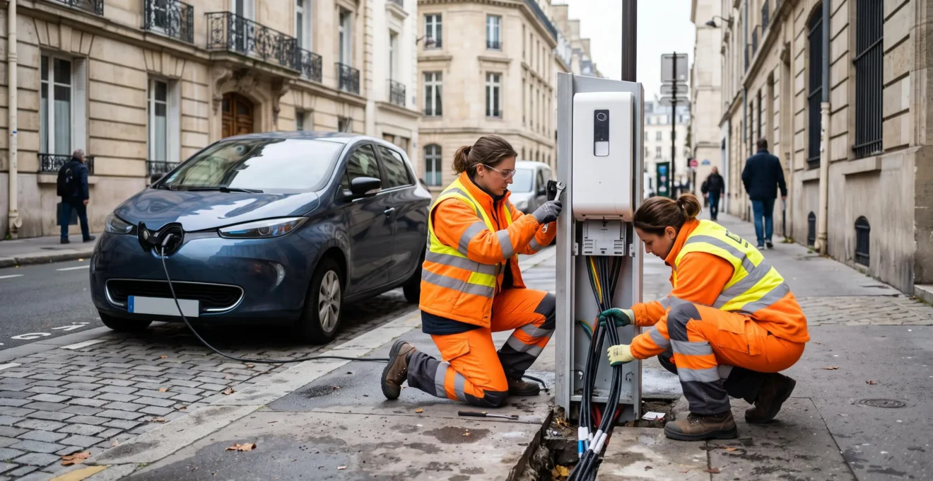 Deux techniciens installent une borne de recharge publique sur un trottoir urbain